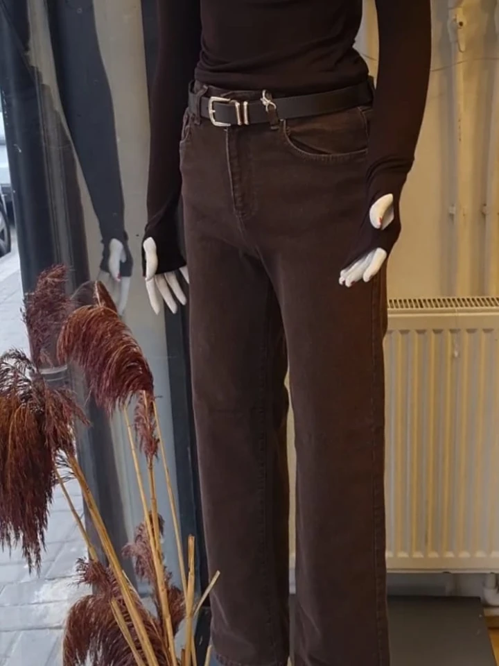 KAHVERENGİ YÜKSEK BEL KEMERLİ STRAİGHT MODEL KOT PANTOLON