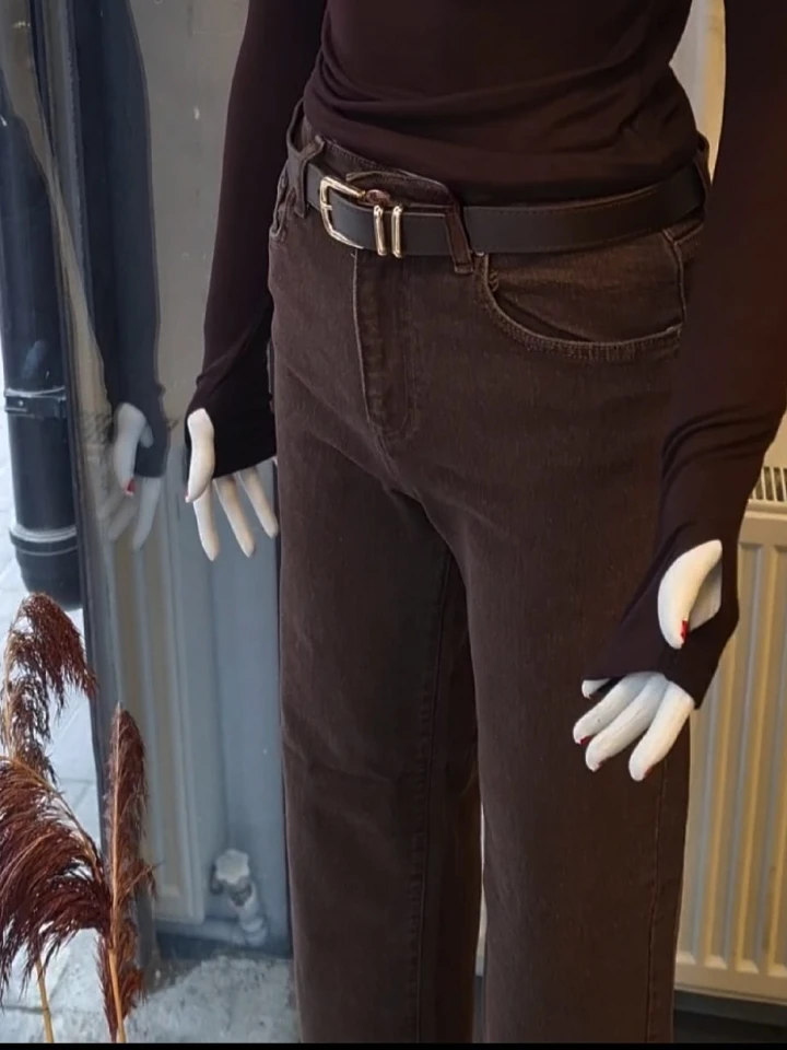 KAHVERENGİ YÜKSEK BEL KEMERLİ STRAİGHT MODEL KOT PANTOLON