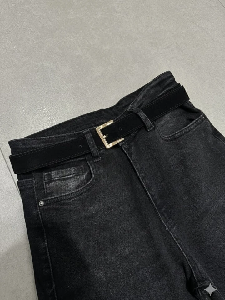 Yüksek Bel  Nubuk Kemerli Geniş Paça Jean (wide leg)