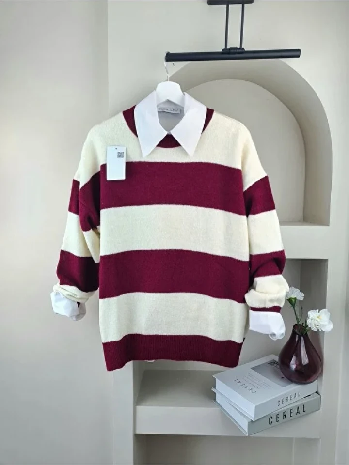 Telablanka Oversize Çizgili Kazak