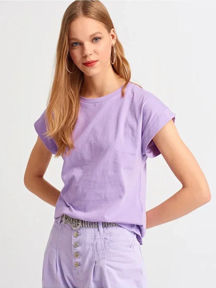 Dilvin 3504 Bisiklet Yaka Penye T-Shirt-Lila
